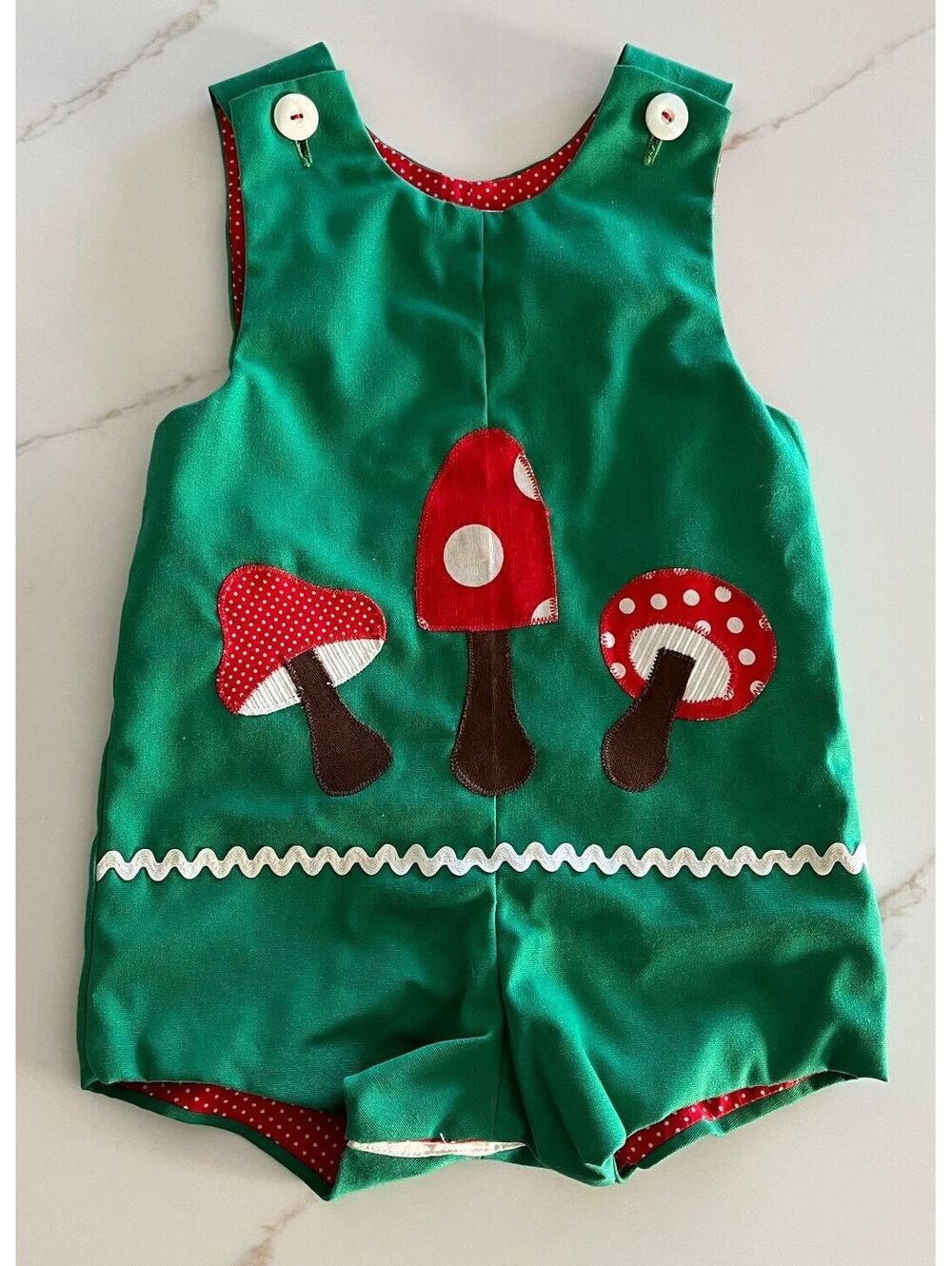 Vtge Reversable Short Overalls Green & Red W/ Mushrooms Or Polka Dots pattern 2T